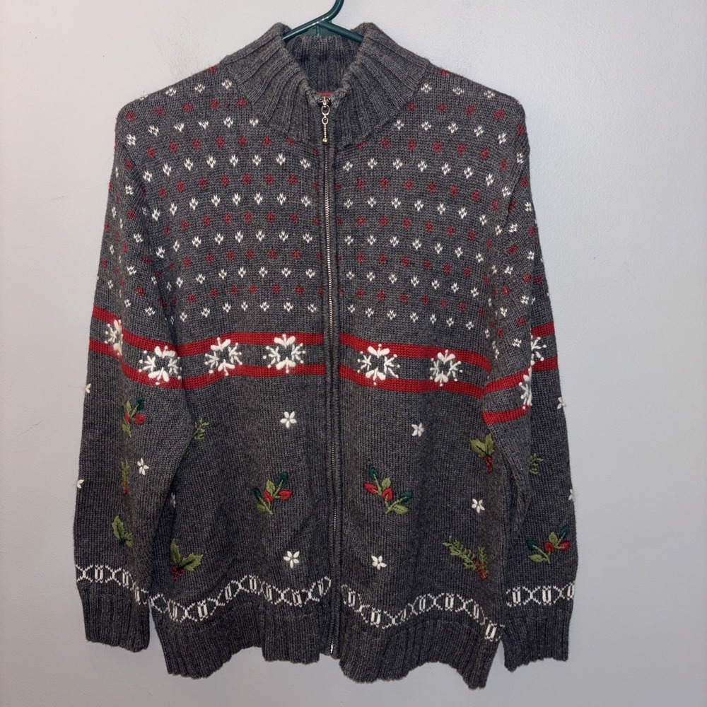 VTG North Crest Women's Gray Sweater Cardigan Full Zip Snowflake Holiday 2XL